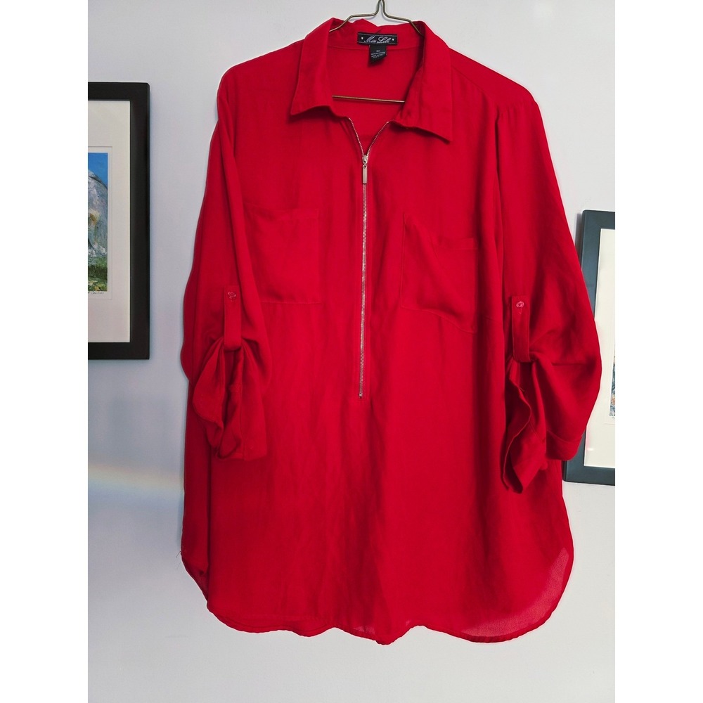 Miss Lili Half Zip Roll Sleeve Tunic Top Blouse Oversized Size 3X Red